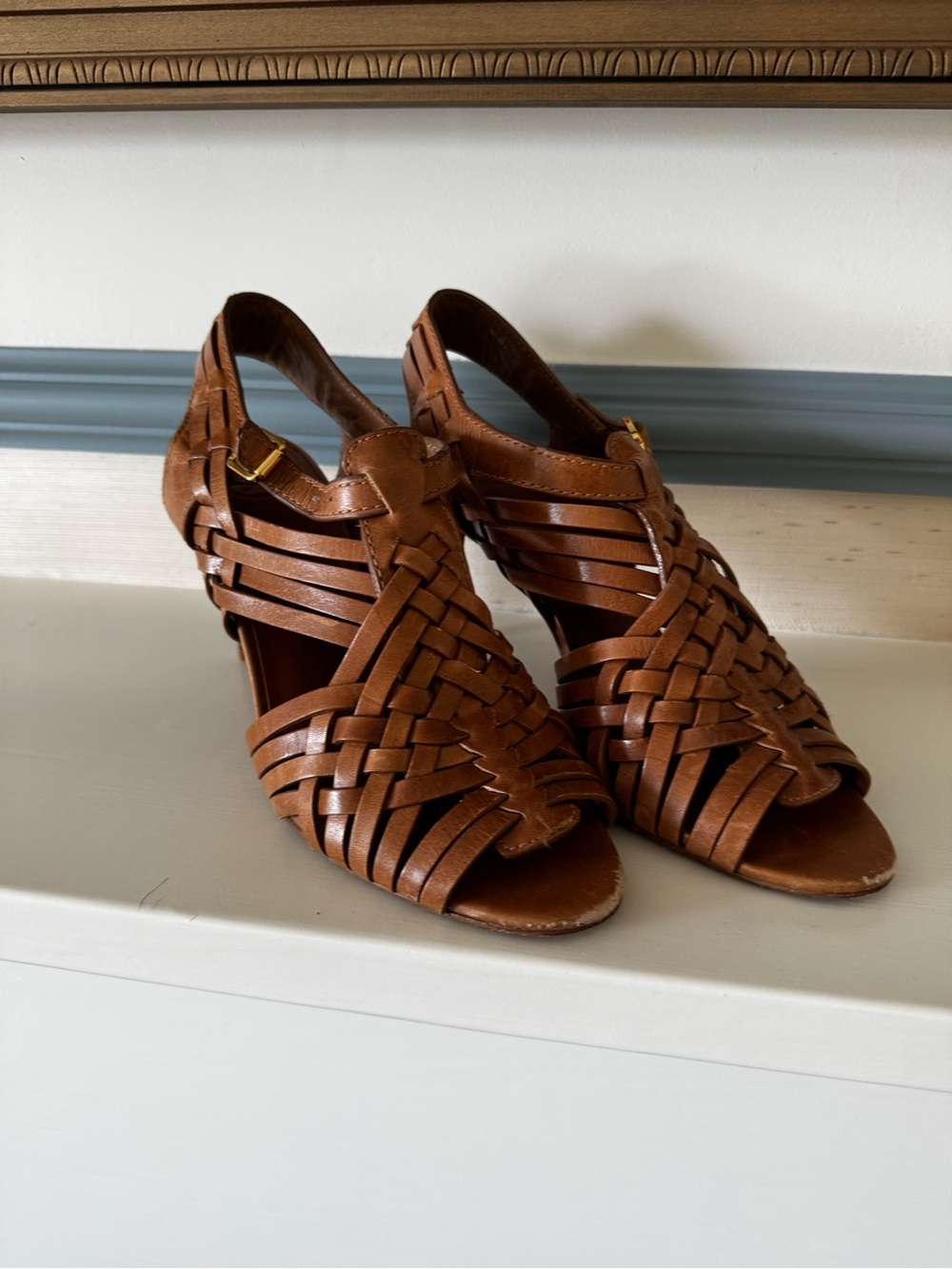 Tory Burch Cognac Woven Leather Cage Sandal Heels | Size 8.5